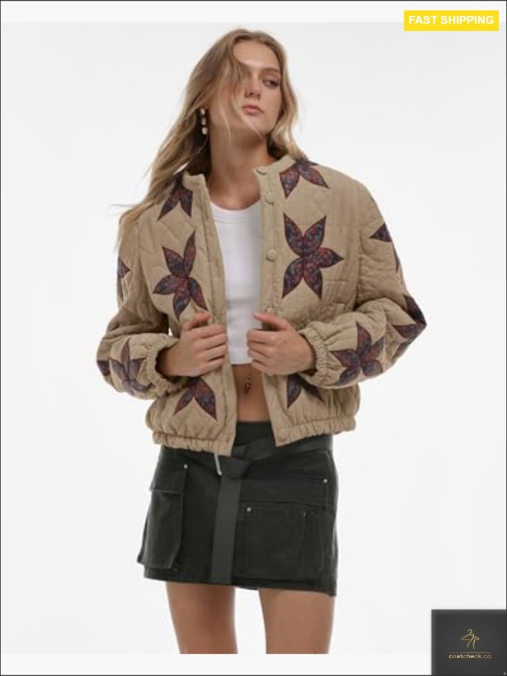 Women's Lightweight Floral Embroidered Cropped Quilted Puffer Jacket Button - Picture 2 of 7